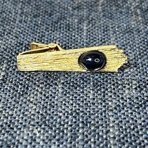 VINTAGE TIE BAR Clip Gold Tone with a Mounted Oval Blue Stone